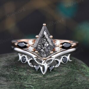 Kite Cut Black Rutilated Quartz Ring Unique Engagement Ring Set Rose Gold Vintage Moissanite Ring Women Black Diamond Wedding Ring Set