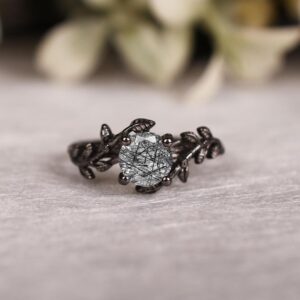 Rutilated Quartz Leaf Ring, 14k Black Gold Plated, Anniversary Gift