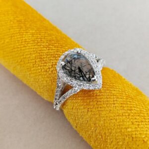Natural Black Rutile Halo Ring, 925 Sterling Silver Ring, Pear Black Rutile Quartz Ring, Rutile Silver Ring, Natural Rutilated Quartz Ring