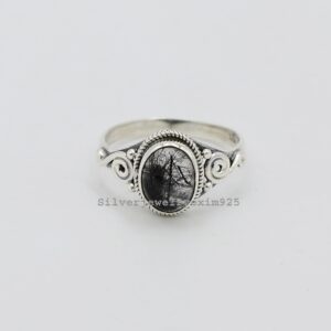 Oval Black Rutile Quartz Ring: Handmade Sterling Silver Gemstone