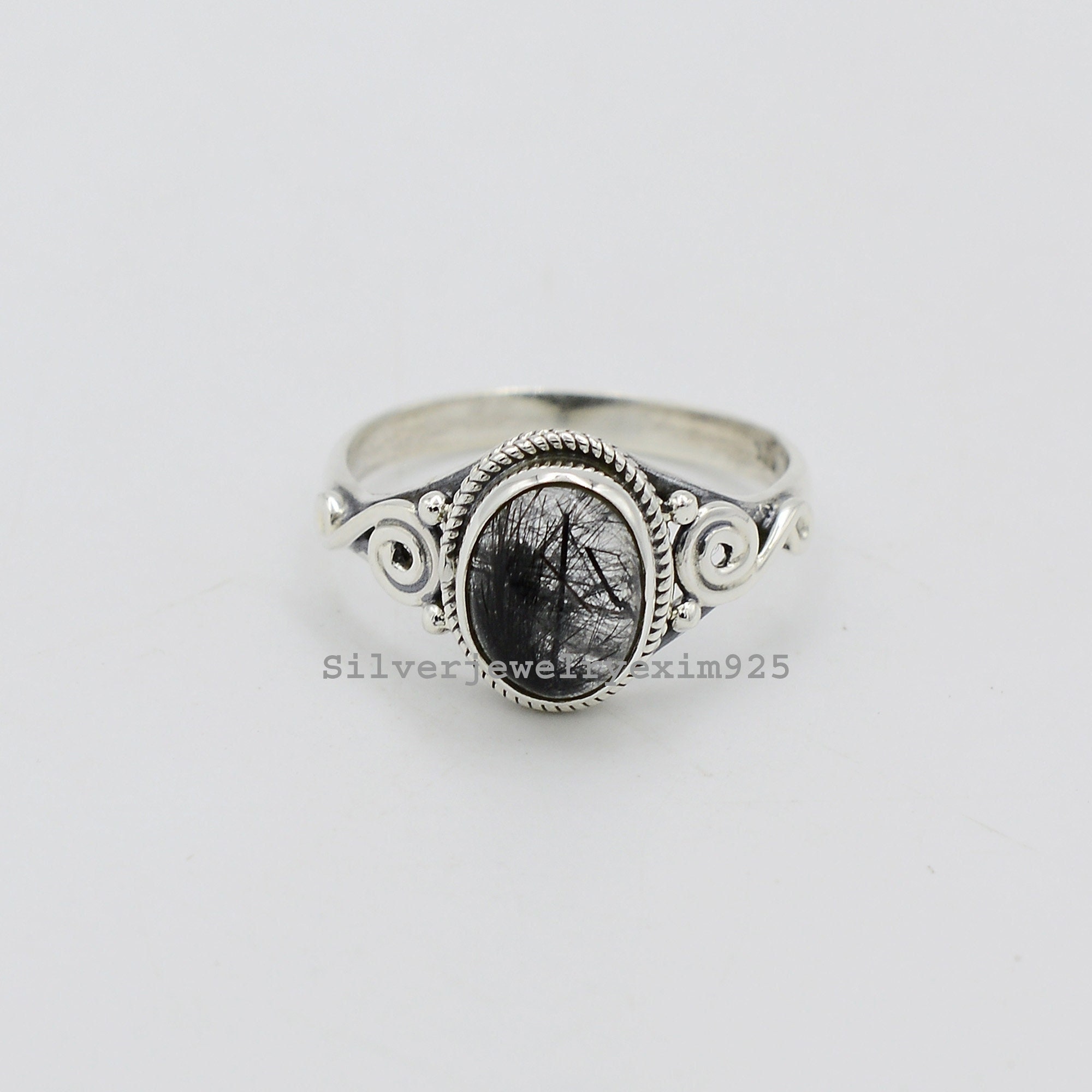 Oval Black Rutile Quartz Ring: Handmade Sterling Silver Gemstone