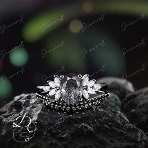Oval Black Rutilated Quartz Engagement Ring Sets Art Deco Black Gold Cluster Promise Ring Black Gemstone Bridal Ring Handmade Jewelry Gift