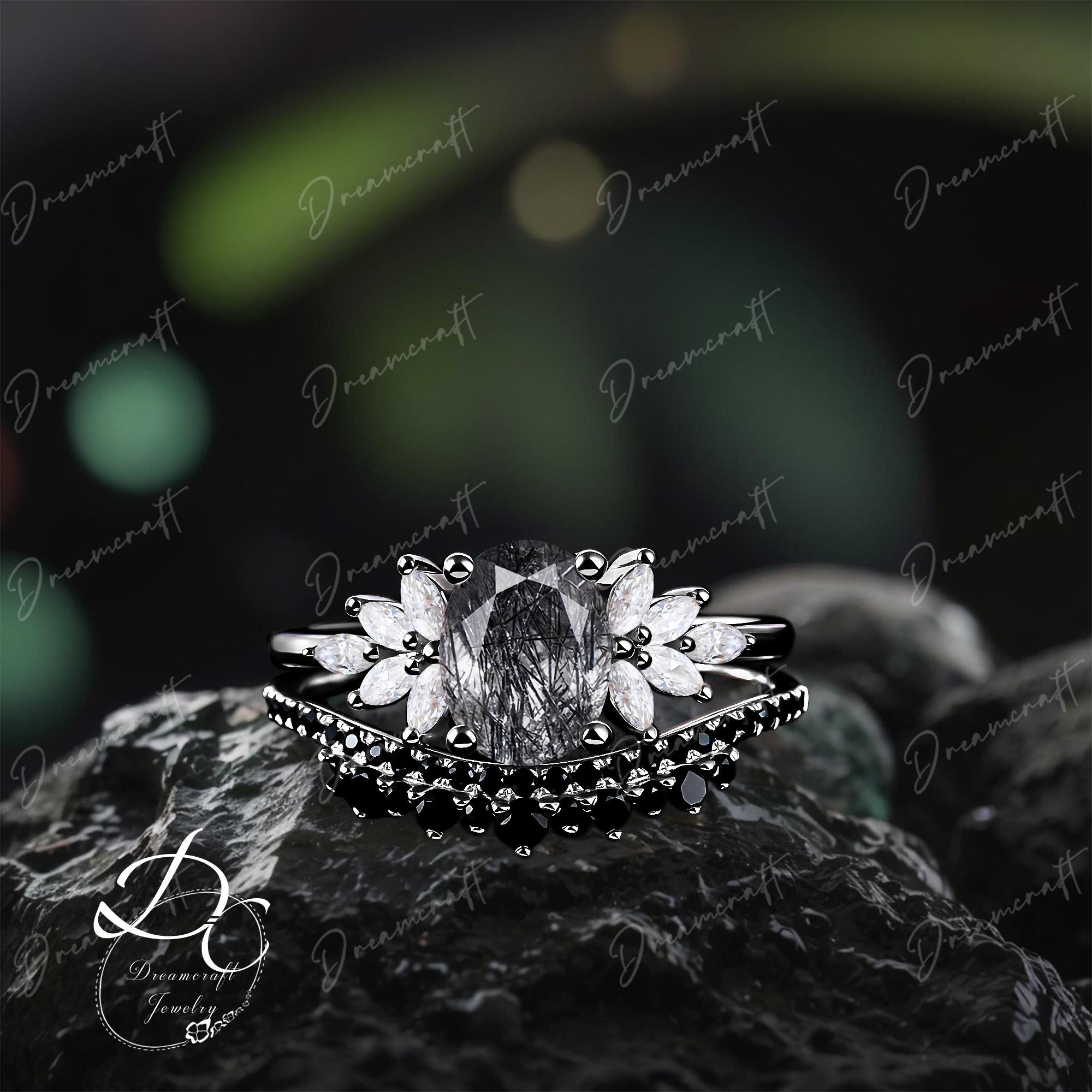 Oval Black Rutilated Quartz Engagement Ring Sets Art Deco Black Gold Cluster Promise Ring Black Gemstone Bridal Ring Handmade Jewelry Gift