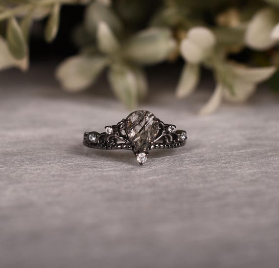 Pear Black Rutilated Quartz Ring - Witchy Sterling Silver Promise Ring