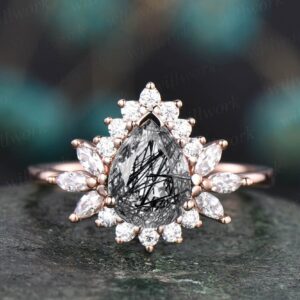 Pear Cut Black Rutilated Quartz Engagement Ring Vintage Style Engagement Rings 14k Rose Gold Art Deco Ring Cluster Halo Moissanite Ring Gift