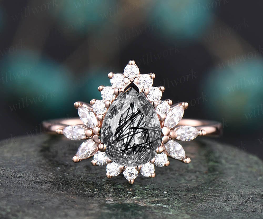 Pear Cut Black Rutilated Quartz Engagement Ring Vintage Style Engagement Rings 14k Rose Gold Art Deco Ring Cluster Halo Moissanite Ring Gift
