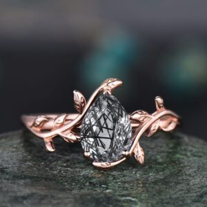 Pear Shaped Black Rutilated Quartz Ring Nature Inspired Engagement Ring Leaf 14k Rose Gold Silver Solitaire Ring Unique Wedding Ring Women