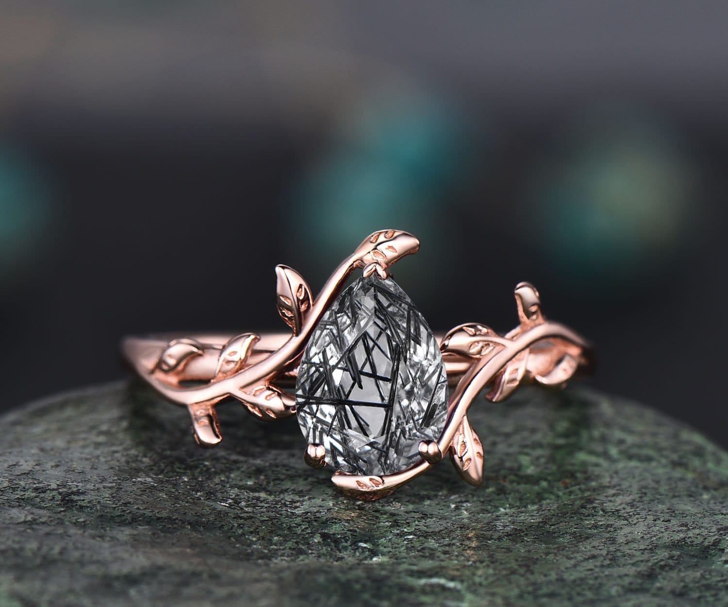 Pear Shaped Black Rutilated Quartz Ring Nature Inspired Engagement Ring Leaf 14k Rose Gold Silver Solitaire Ring Unique Wedding Ring Women