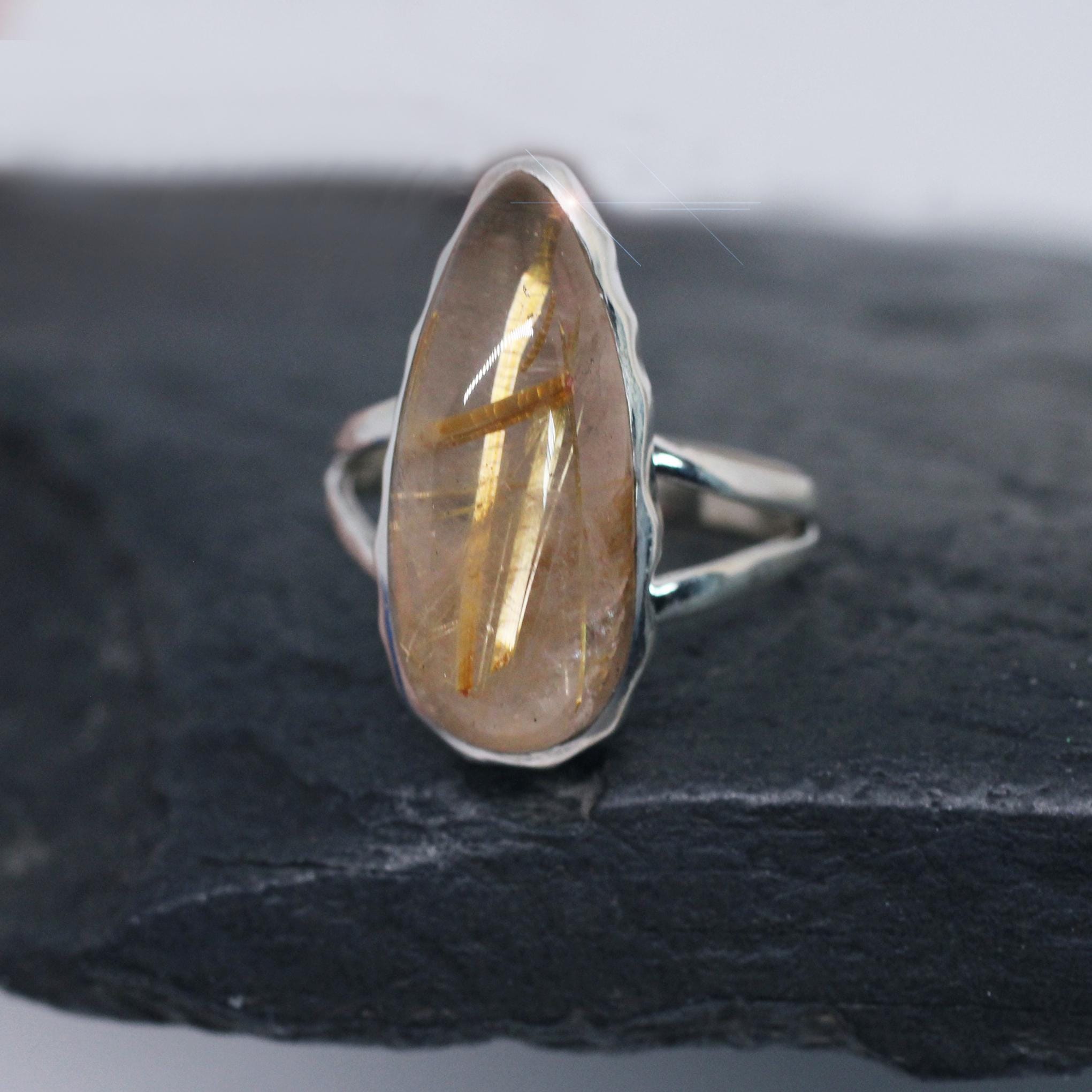 Rays Of The Sun - Amazing Golden Rutilated Quartz Sterling Silver Ring Size  10.5