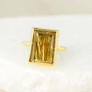 Rectangular Rutile Quartz Ring: Gold Plated Sterling Silver