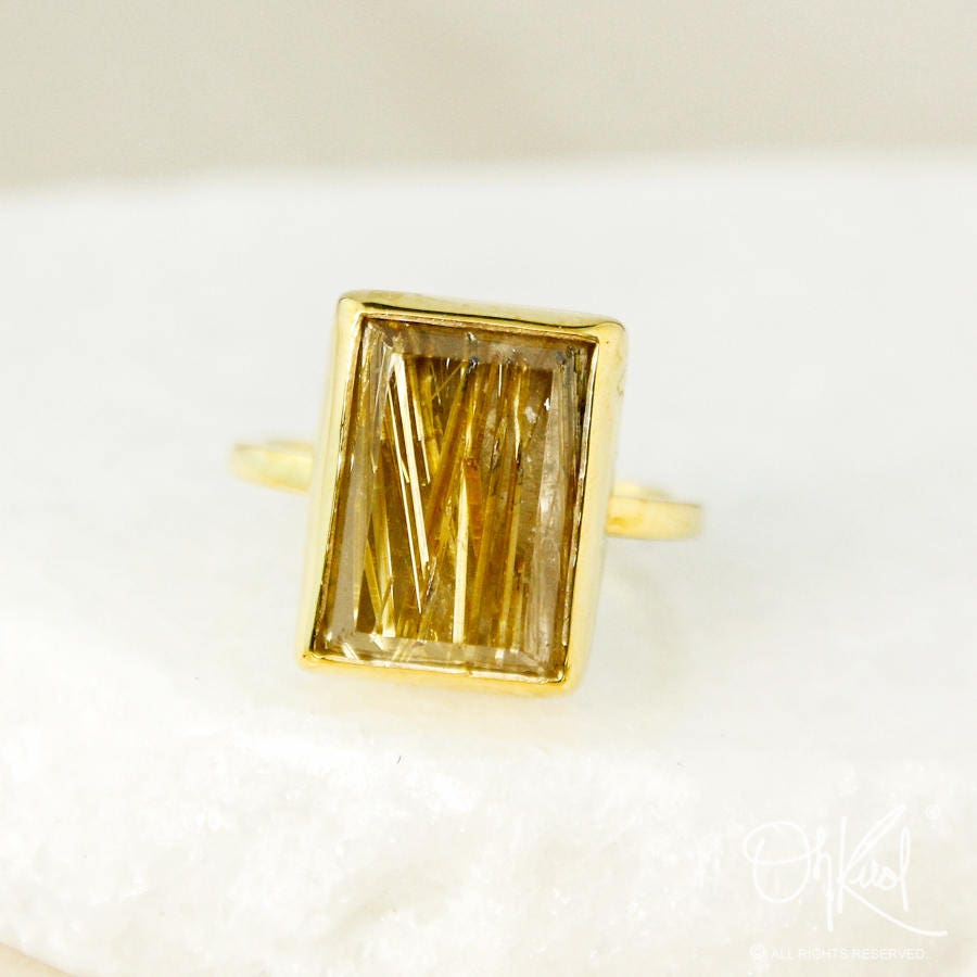 Rectangular Rutile Quartz Ring: Gold Plated Sterling Silver