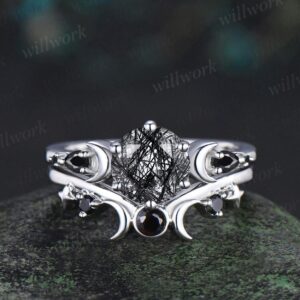 Round Cut Black Rutilated Quartz Engagement Ring Set Women White Gold Moon Star Sun Wedding Crystal Ring Dainty Anniversary Gift