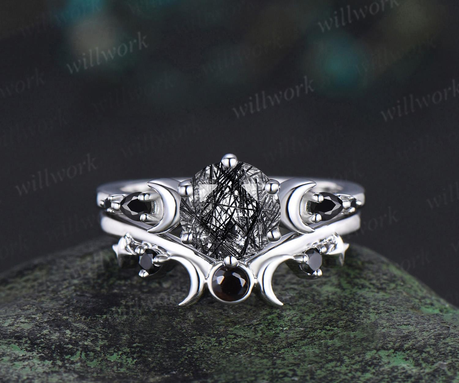 Round Cut Black Rutilated Quartz Engagement Ring Set Women White Gold Moon Star Sun Wedding Crystal Ring Dainty Anniversary Gift