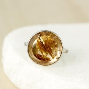 Round Golden Rutile Quartz Ring: Sterling Silver Bezel Set