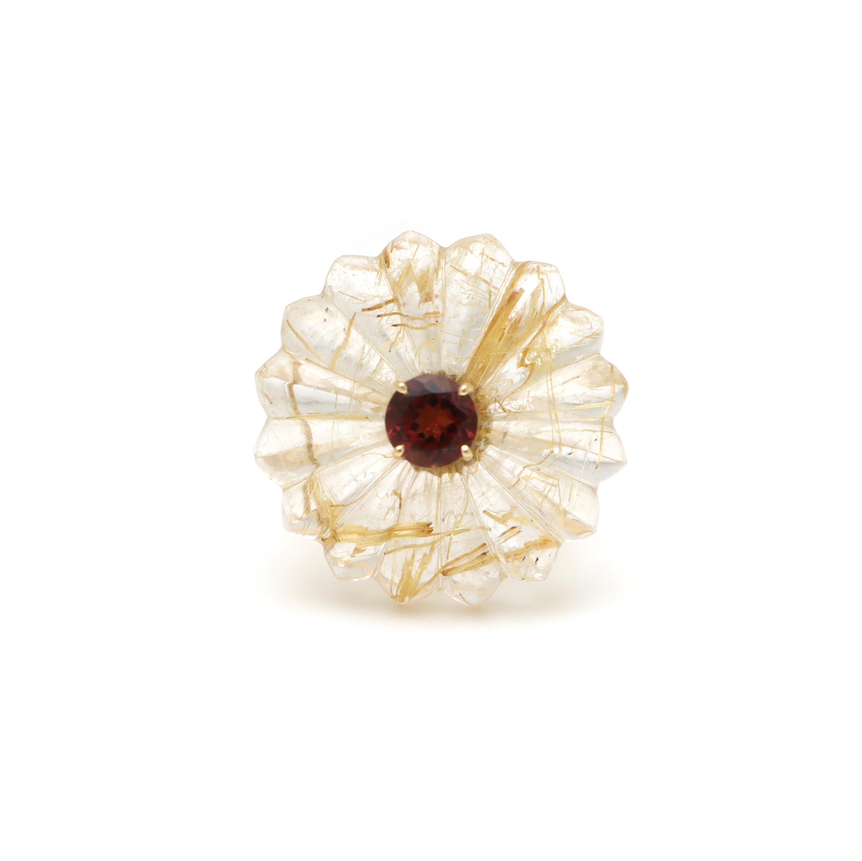 Rutile Quartz Carvings Flower Ring, 14kt Rutile Quartz Carvings Jewelry, Gold Rutilated Flower Quartz Ring For Her, Christmas Gift