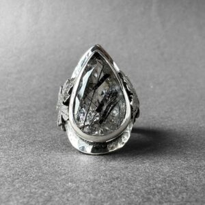 Stunning Black Rutilated Quartz Statement Ring, Sycamore Tree Leaf Design Black Rutilated Quartz Ring Size 7, Special Collection Piece