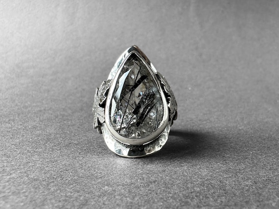 Stunning Black Rutilated Quartz Statement Ring, Sycamore Tree Leaf Design Black Rutilated Quartz Ring Size 7, Special Collection Piece