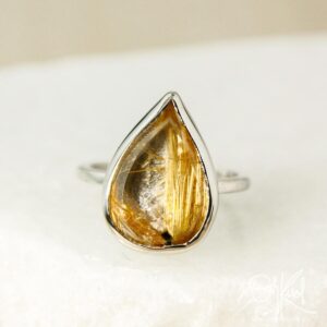 Teardrop Golden Rutile Quartz Ring: Bezel Set Sterling Silver