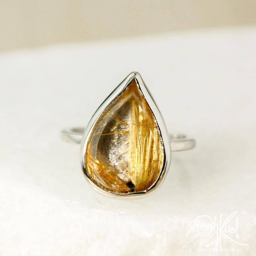 Teardrop Golden Rutile Quartz Ring: Bezel Set Sterling Silver
