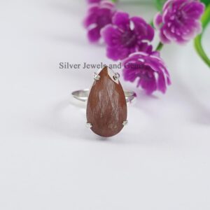 Teardrop Red Rutile Quartz Ring, 925 Sterling Silver Gemstone Ring