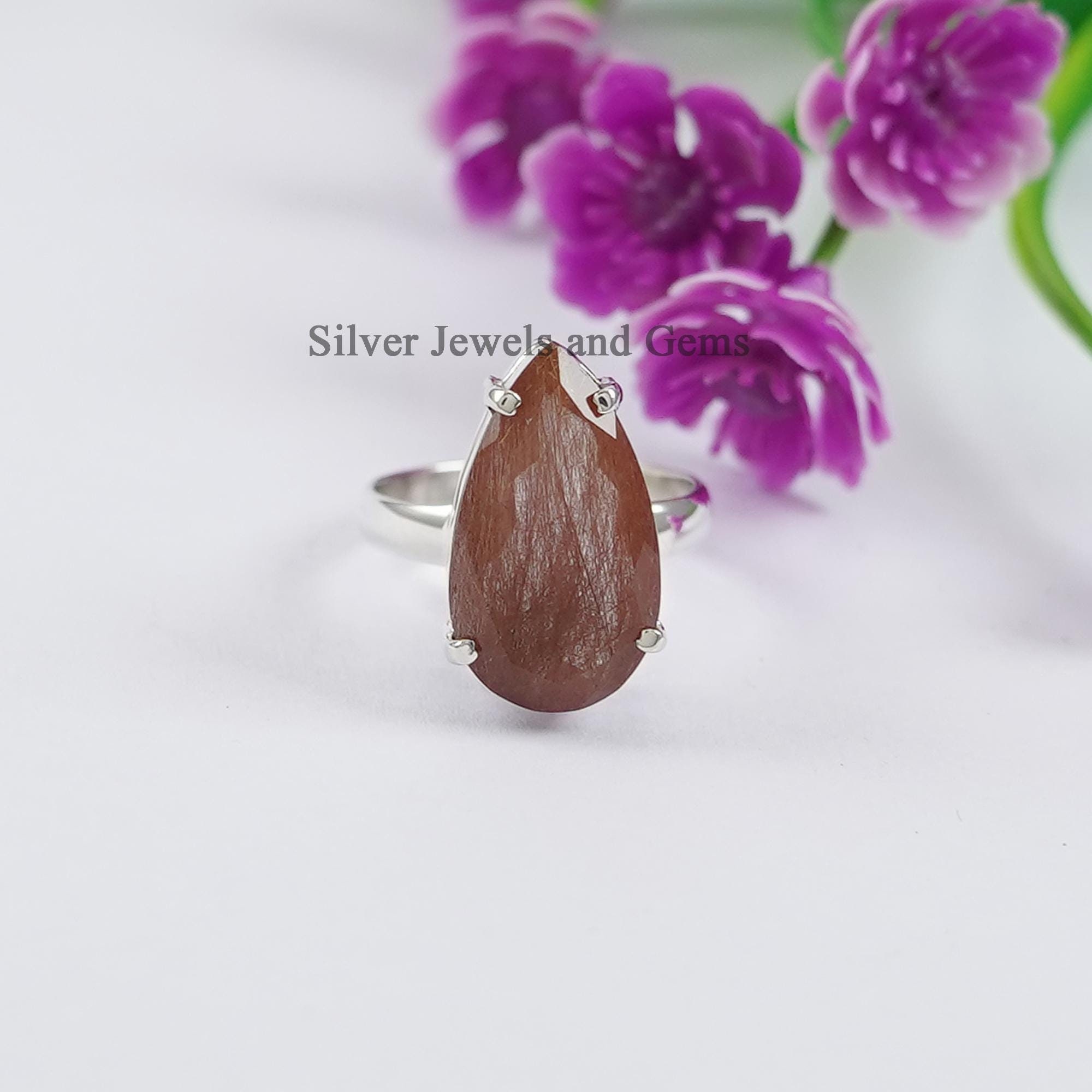 Teardrop Red Rutile Quartz Ring, 925 Sterling Silver Gemstone Ring