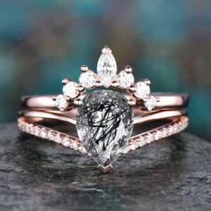 Unique Bridal Ring Set Vintage Style Black Rutilated Quartz Engagement Ring Set Rose Gold Ring Set For Women Art Deco Moissanite Ring Set