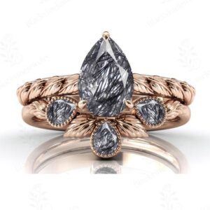 Vine Leaf Style Black Rutilated Quartz Engagement Ring Set Art Deco Leaf Design 2 Pcs Bridal Ring Set Unique Black Gemstone Wedding Ring Set Vine Leaf Style Black Rutilated Quartz Engagement Ring Set Art Deco Leaf Design 2 Pcs Bridal Ring Set Unique Black Gemstone Wedding Ring Set