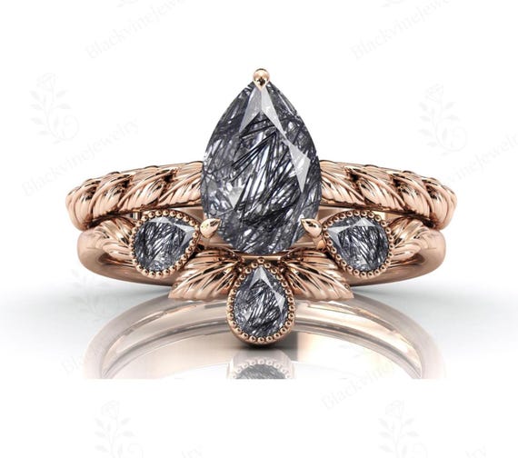 Vine Leaf Style Black Rutilated Quartz Engagement Ring Set Art Deco Leaf Design 2 Pcs Bridal Ring Set Unique Black Gemstone Wedding Ring Set
