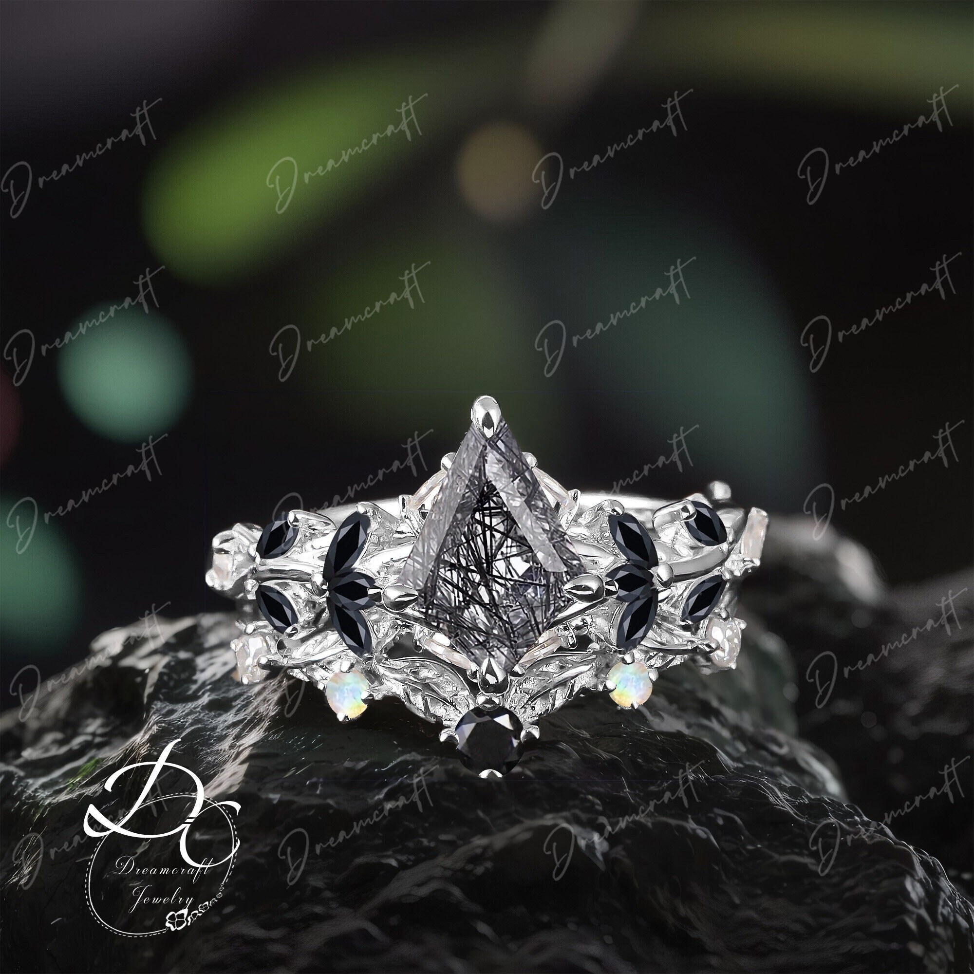 Vintage Kite Cut Black Rutilated Quartz Engagement Ring Sets Women Cluster Promise Ring For Her White Gold Art Deco Leaf Gemstone Ring Gift