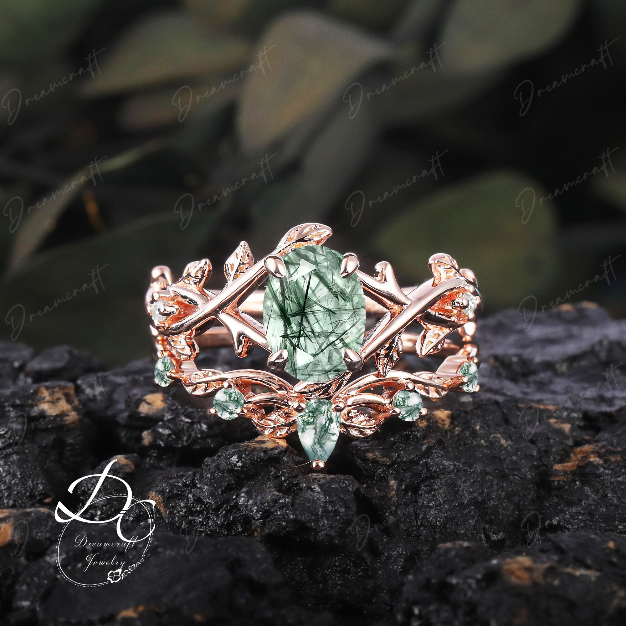 Vintage Leaf Green Rutilated Quartz Engagement Ring Women Nature Inspired Twig Promise Ring Rose Gold Art Deco Gemstone Twist Bridal Ring