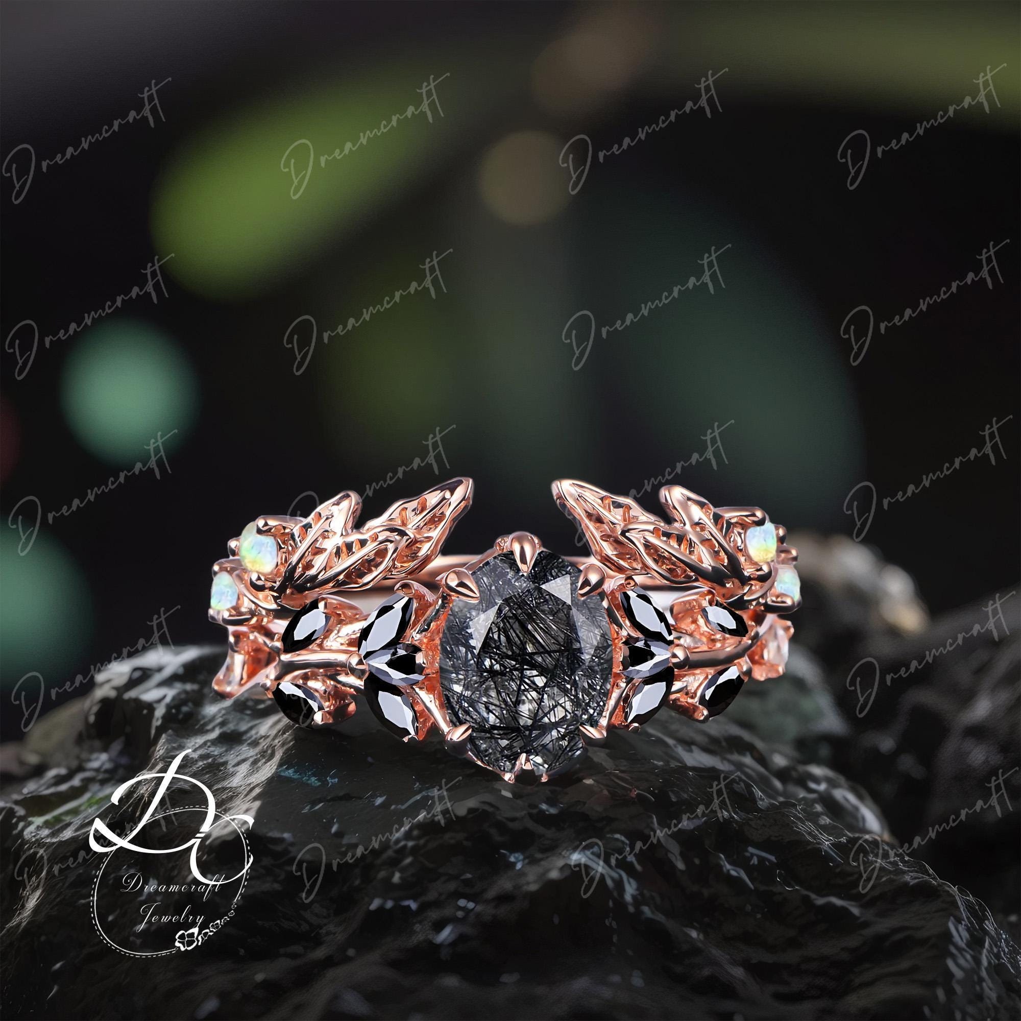 Vintage Oval Black Rutilated Quartz Engagement Ring Sets Leaf Wedding Ring Cluster Promise Ring Rose Gold Art Deco Leaf Gemstone Branch Ring