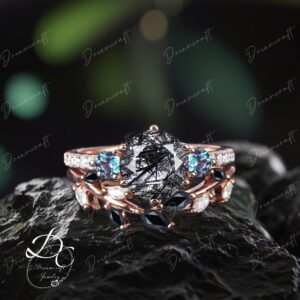 Vintage Rose Gold Black Rutilated Quartz Engagement Ring Sets Cluster Promise Ring GemstoneThree Stones Bridal Set Art Deco Ring Jewelry
