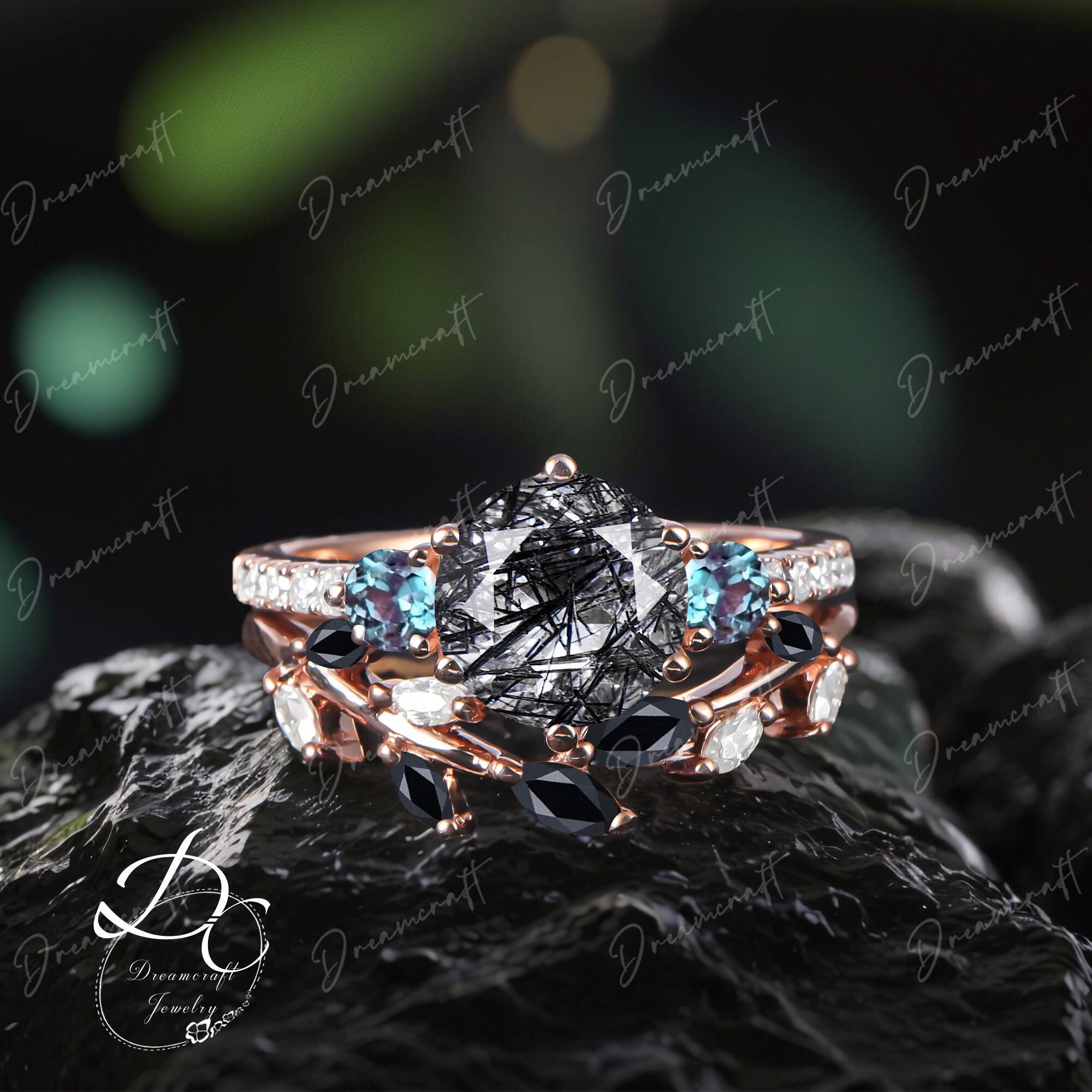 Vintage Rose Gold Black Rutilated Quartz Engagement Ring Sets Cluster Promise Ring Gemstonethree Stones Bridal Set Art Deco Ring Jewelry