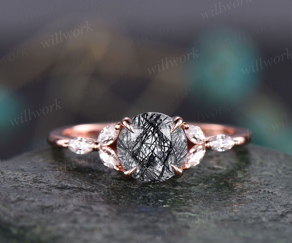 Vintage Style Black Rutilated Quartz Engagement Ring Rose Gold Art Deco Cluster Ring Round Cut Bridal Ring Moissanite Ring Band Women Gift