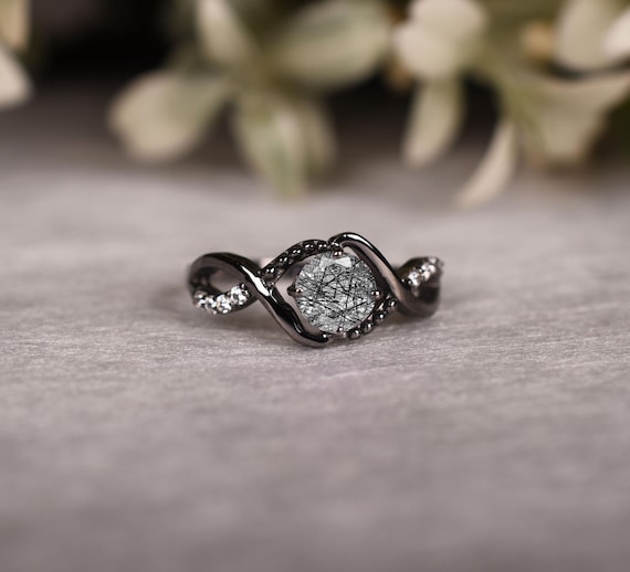 Rutilated Quartz Wedding Ring, 14k Black Gold Plated Leaf Band