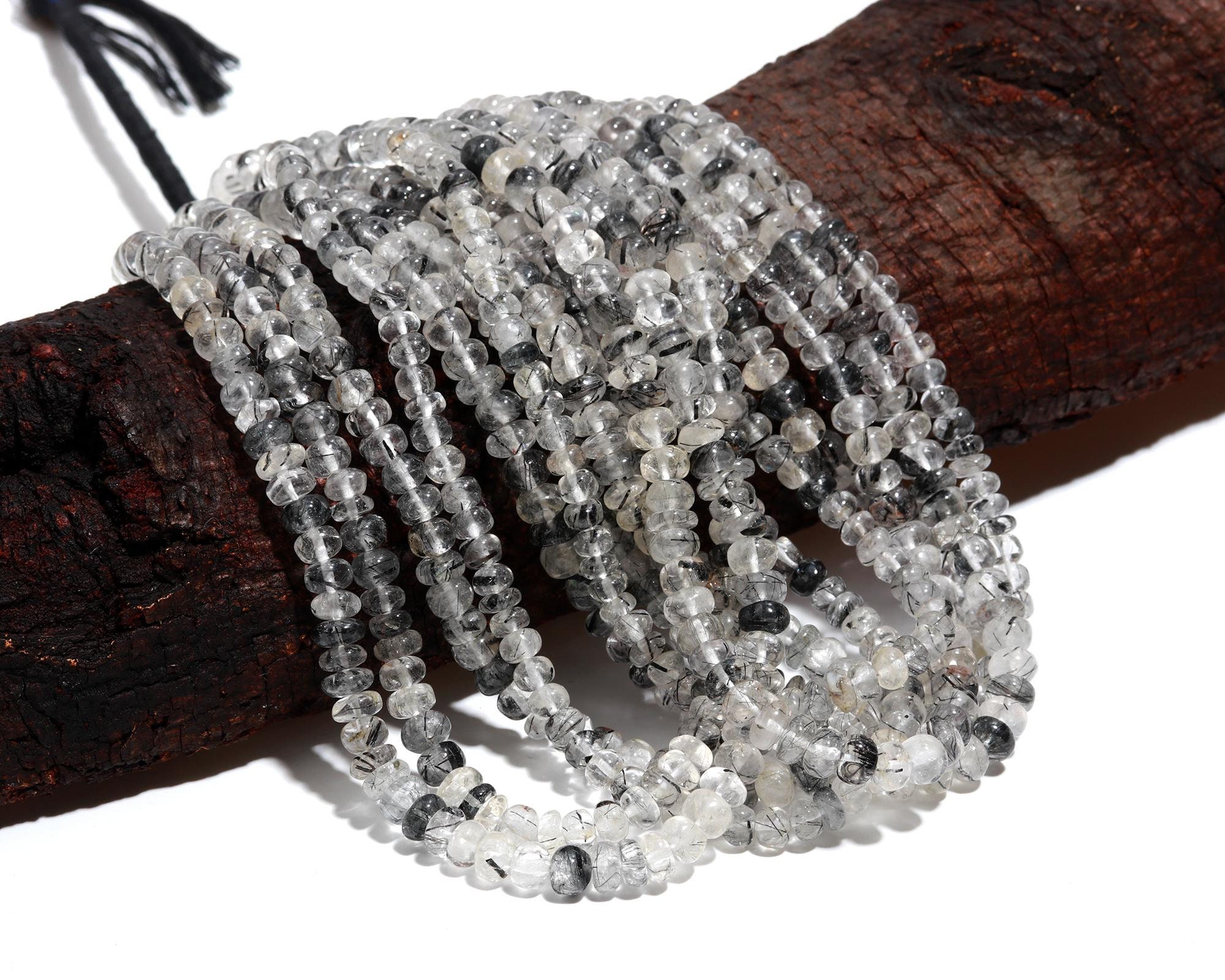 Aaa+ Natural Black Rutile Beads, Black Rutilated Quartz Smooth Rondelle Beads, Making For Jewelry Beads, Quartz Semi Precious 15.5" Strand