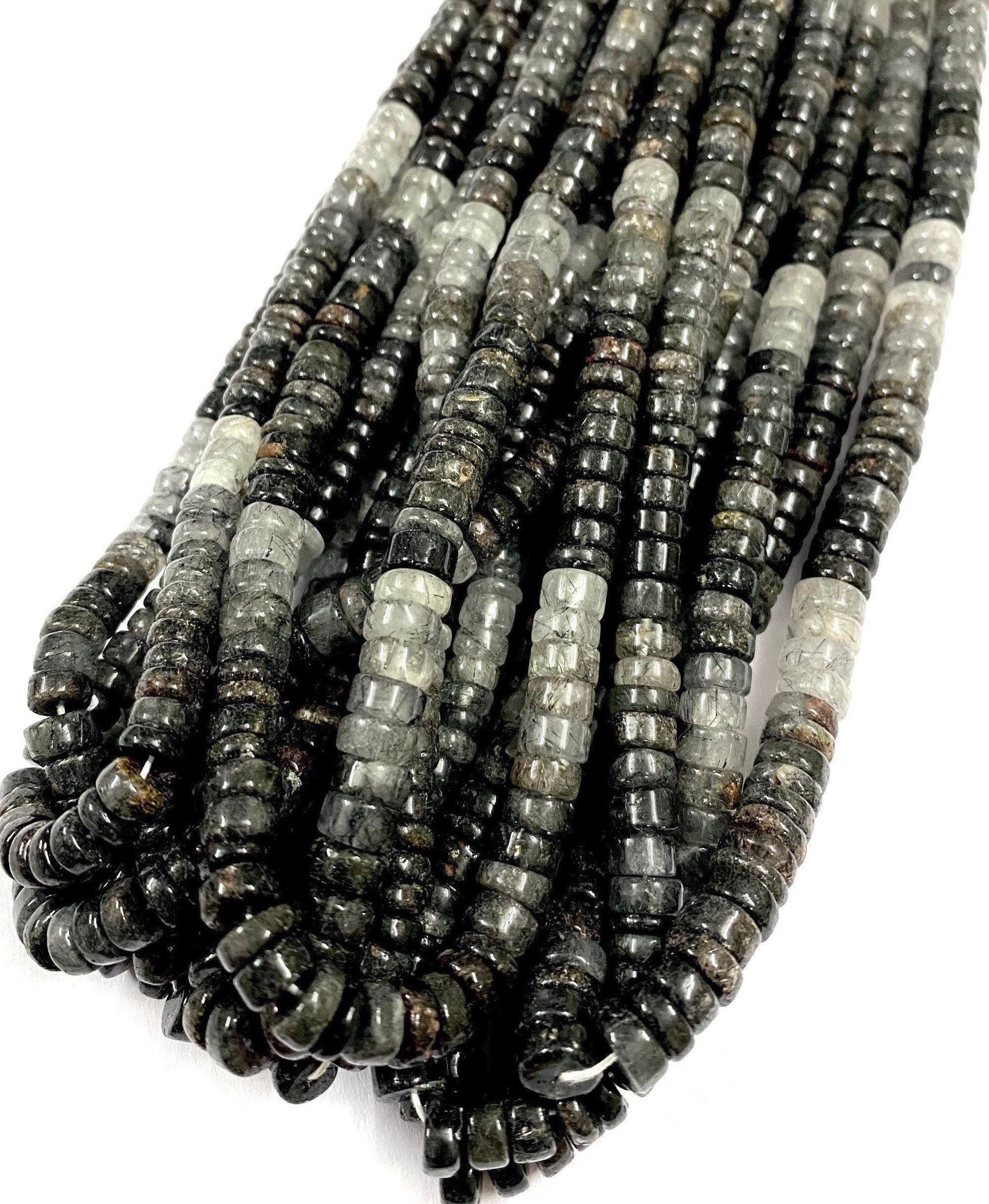 Black Rutile Quartz Smooth Tyre Shape Beads 6mm To 7mm Natural  Rutile Quartz Gemstone Beads Black Rutile Quartz Smooth Flat Rondelle Beads