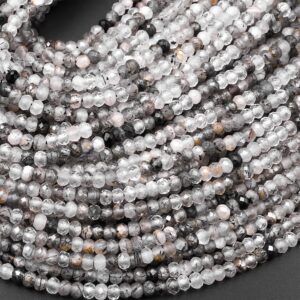 Natural Black Tourmaline Rutilated Rutile Quartz 3mm Faceted Rondelle Beads Micro Faceted Diamond Cut Gemstone 15.5" Strand