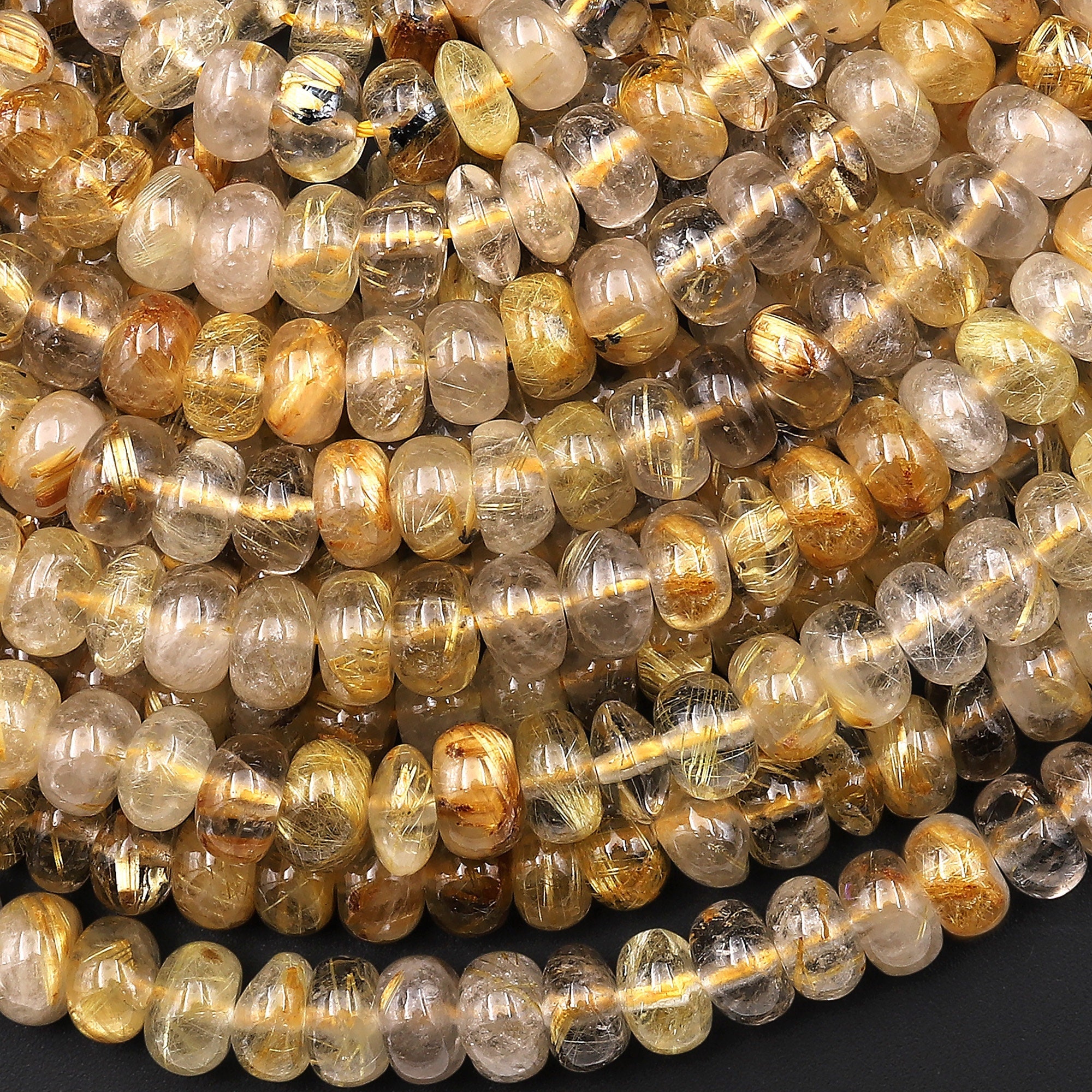 Natural Golden Rutile Quartz Rondelle 6mm 8mm Beads Tons Of Sharp Rutile Hair Needle 15.5" Strand