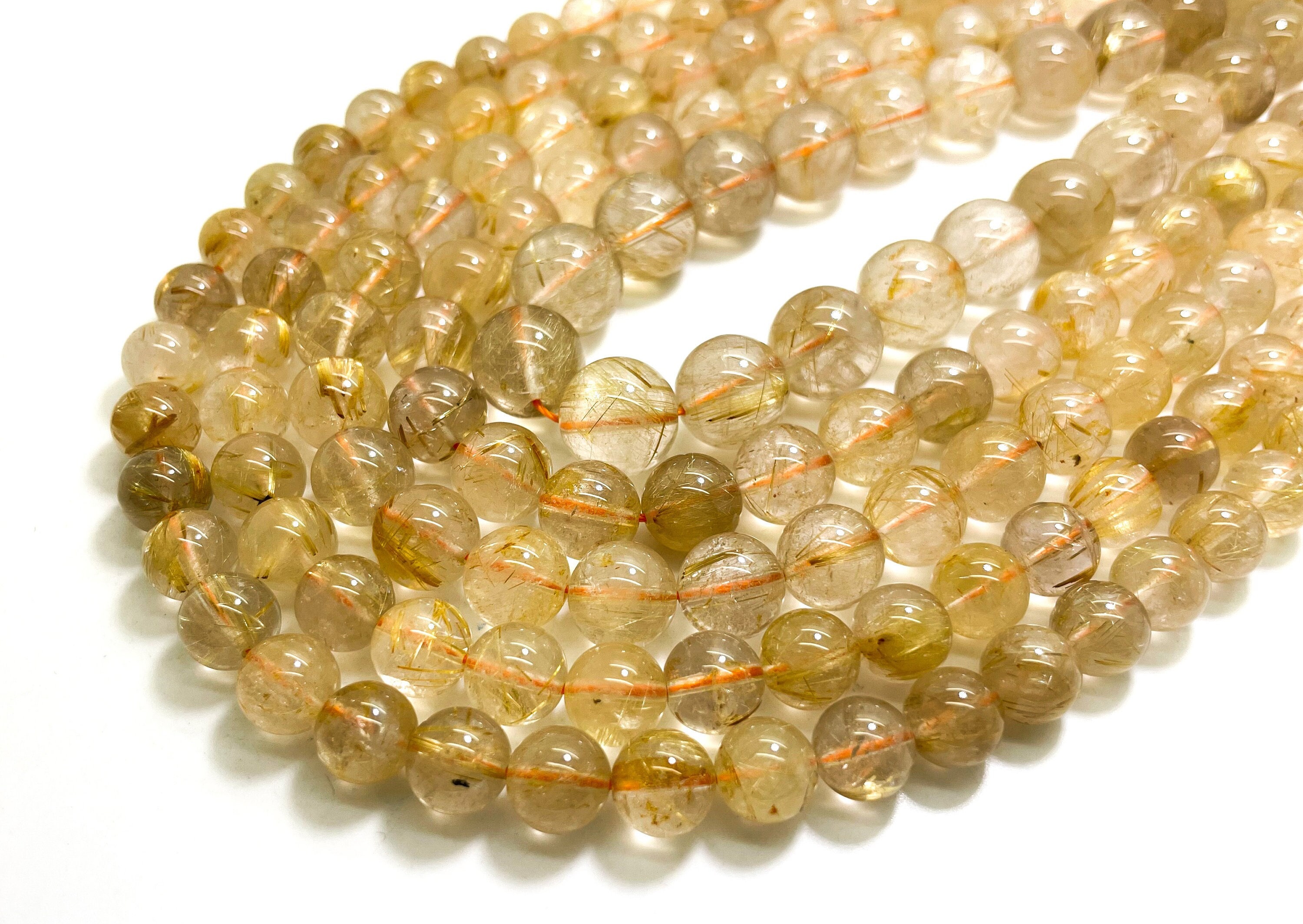 Genuine Rare Aaa Yellow Golden Rutilated Quartz Polished Smooth Round 8mm 10mm 12mm Gemstone Beads - Rn184