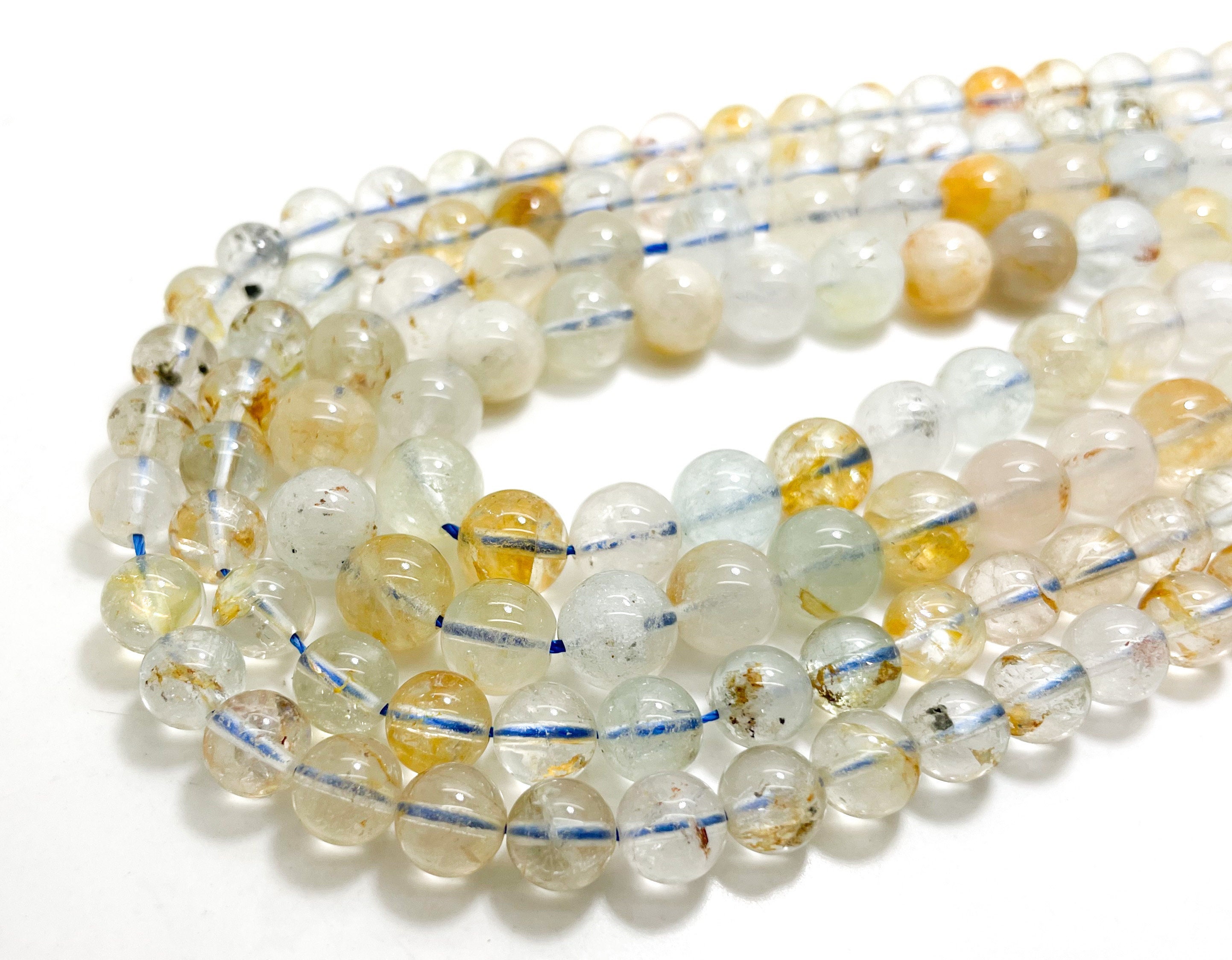 Natural Golden White Rutilated Quartz Polished Round Gemstone Beads - Rn173