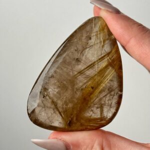 Rutilated Quartz Palmstone | 47g | - #2 (polished Gold Crystal Pocket Stone Palm, Crown Chakra, Intuition)