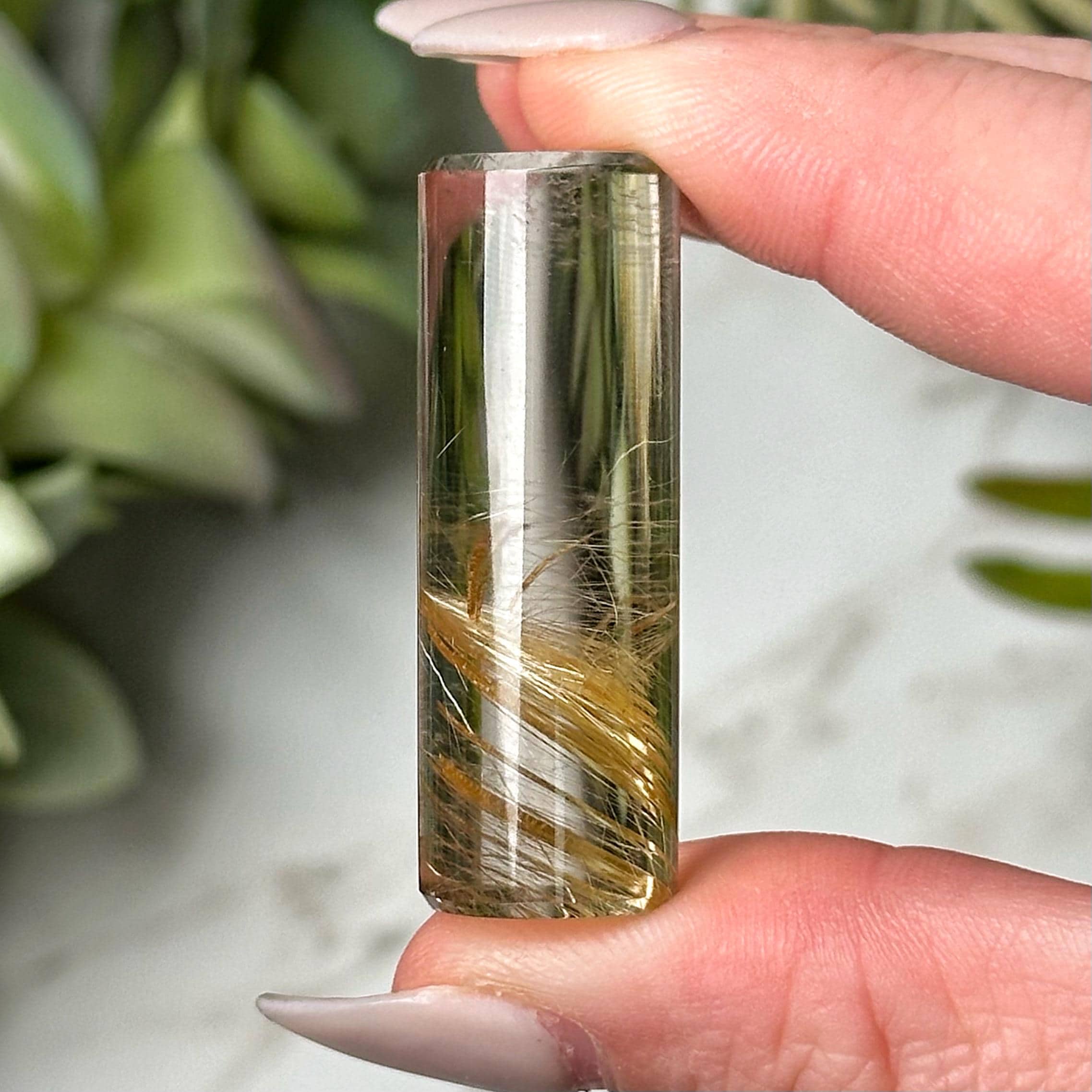 Rutilated Quartz Cylinder | 14g | - #2 (polished Gold Crystal Pocket Stone, Crown Chakra, Intuition)