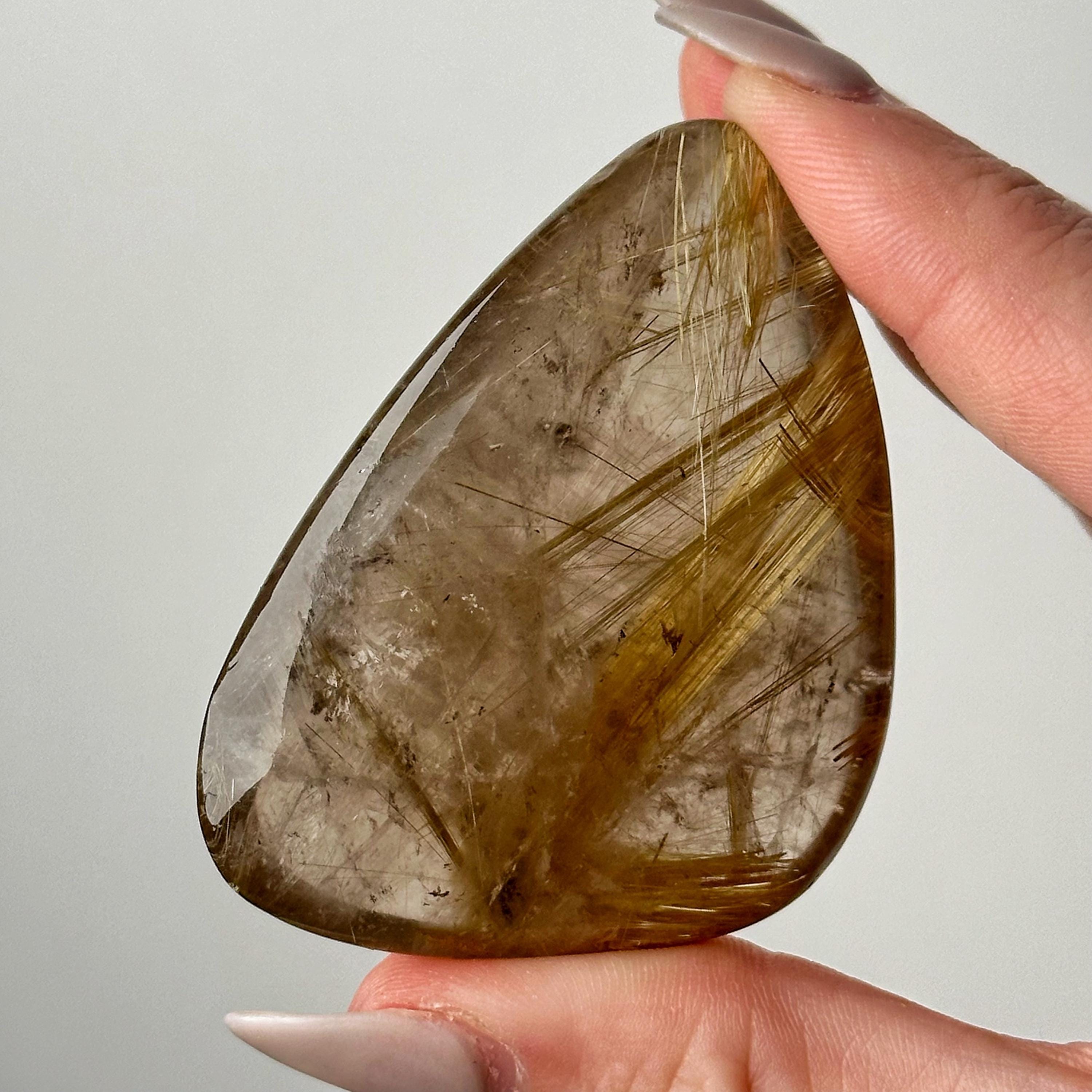 Rutilated Quartz Palmstone | 47g | - #2 (polished Gold Crystal Pocket Stone Palm, Crown Chakra, Intuition)