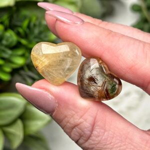 Rutilated Quartz Mini Heart | Xs-l | - No. 223 (polished Gold Crystal Carving, All Chakras, Affirmation)