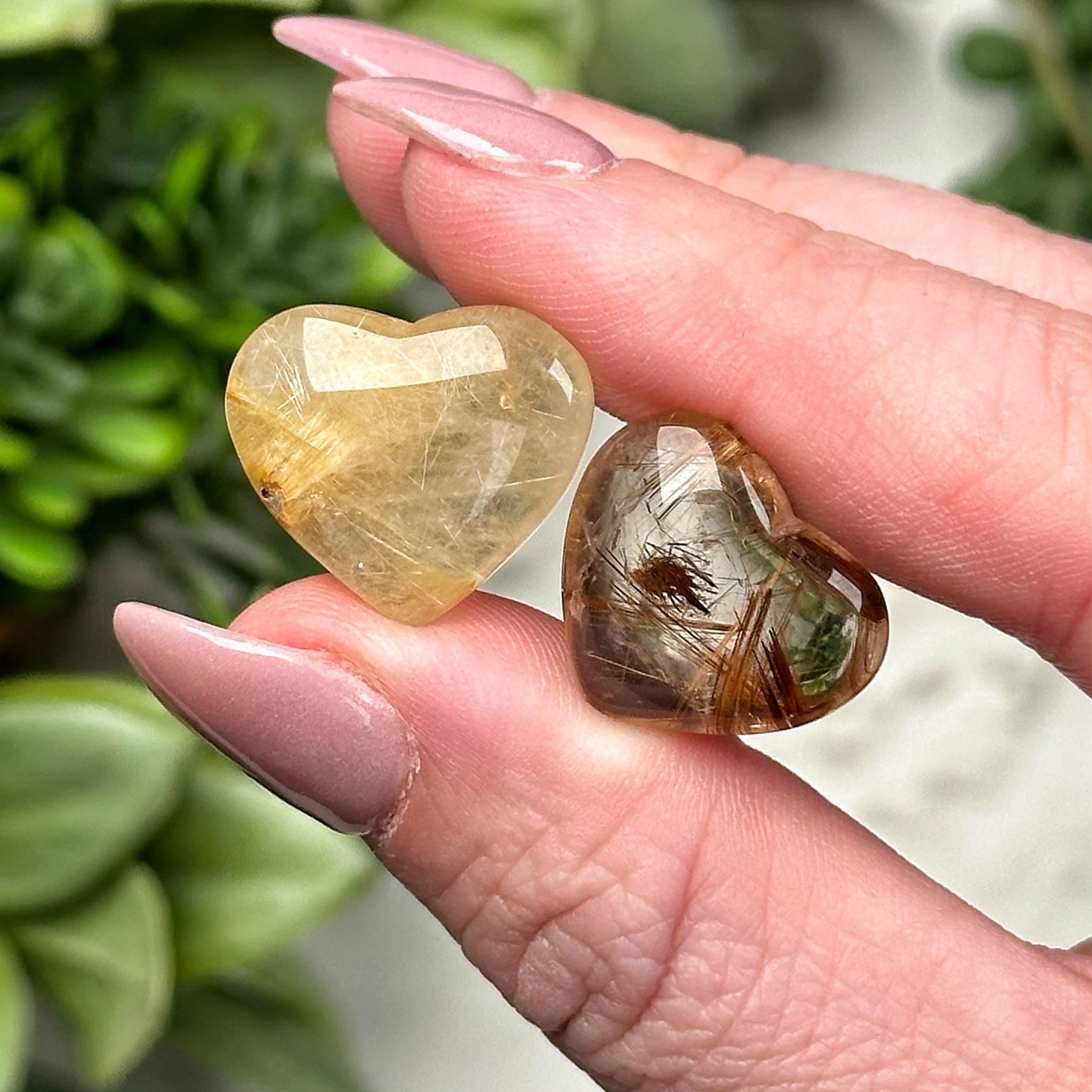 Rutilated Quartz Mini Heart | Xs-l | - No. 223 (polished Gold Crystal Carving, All Chakras, Affirmation)