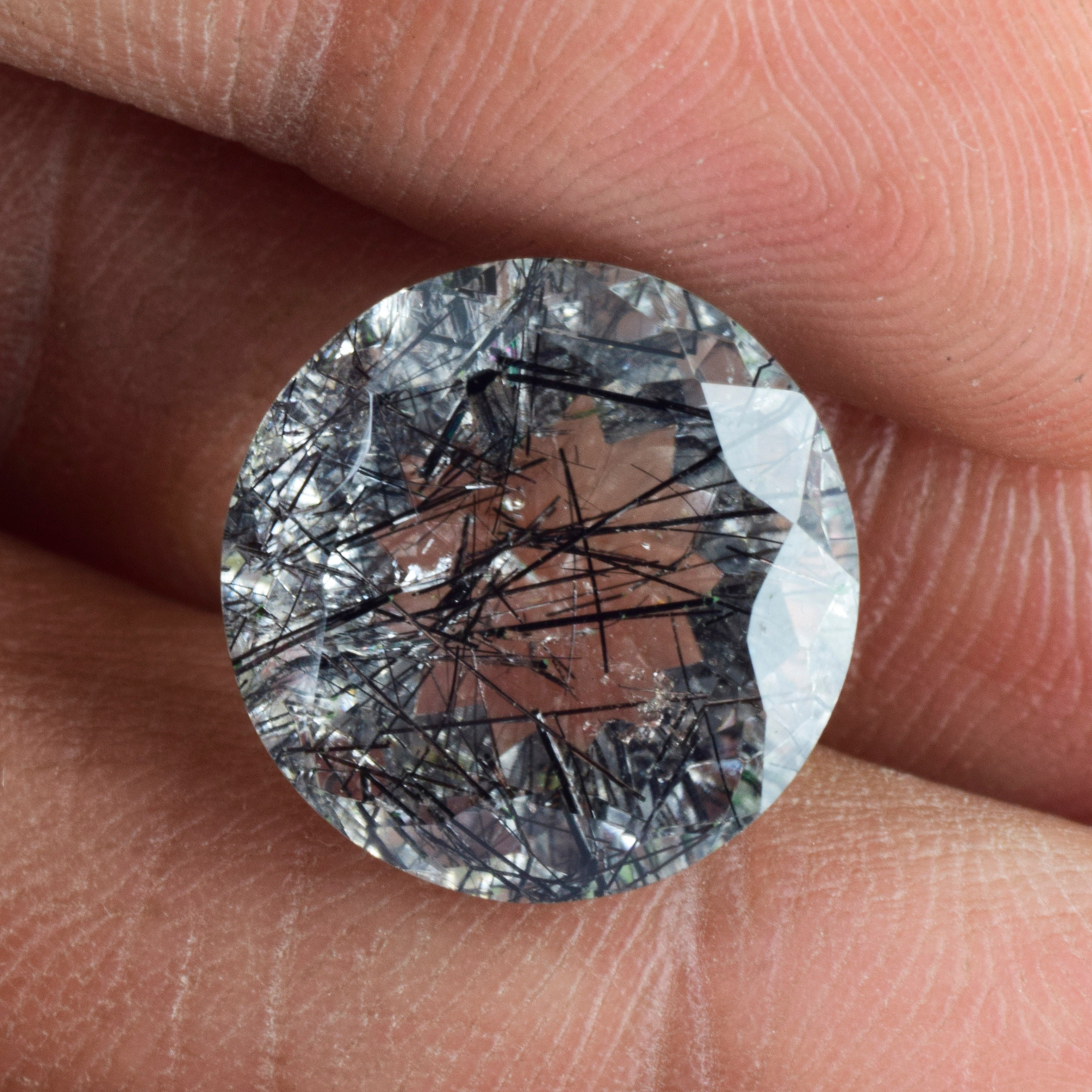 Natural Black Rutilated Quartz 15 Mm Faceted Round 9.40 Carat Loose Gemstone - Genuine Rutile Quartz Jewelry