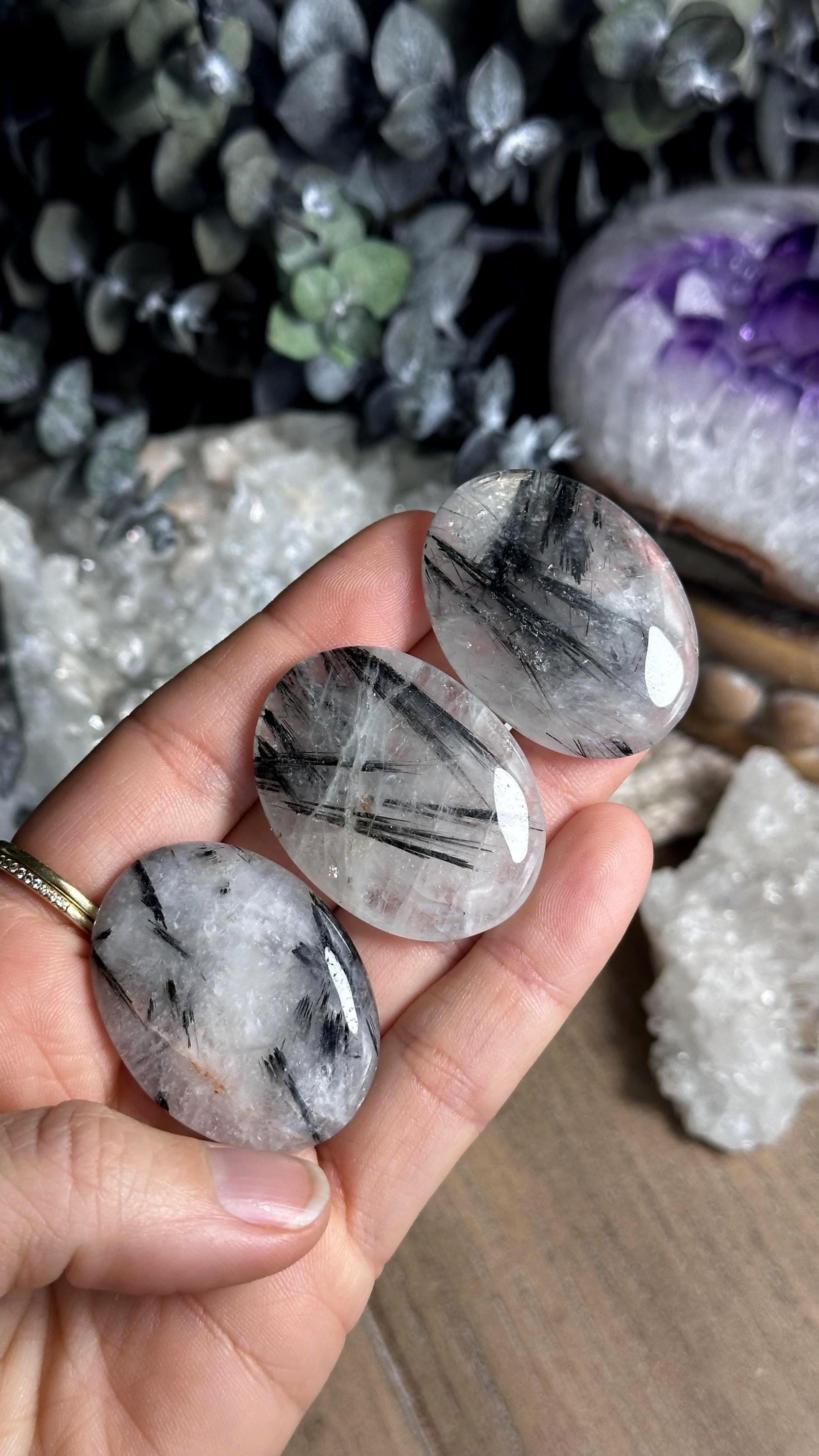 Small Black Rutile Quartz Palm Stone, Worry Stone