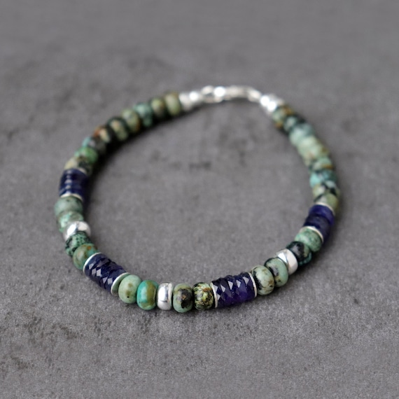 Sapphire And African Turquoise Bracelet: Sterling Silver Boho Gemstone, Unisex Sapphire And African Turquoise Bracelet: Sterling Silver Boho Gemstone, Unisex