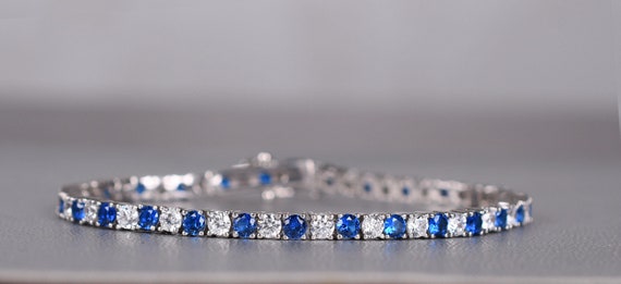 Sapphire And Diamond Bracelet, 925 Sterling Silver Bridal Jewelry Sapphire And Diamond Bracelet, 925 Sterling Silver Bridal Jewelry